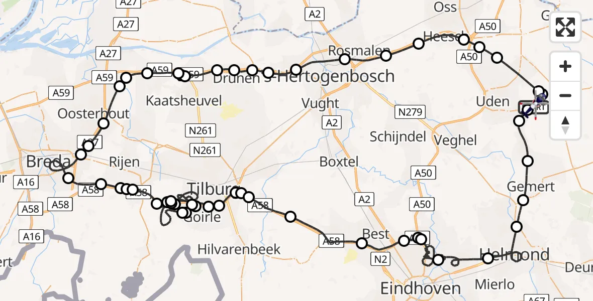 Routekaart van de vlucht: Politiehelikopter naar Vliegbasis Volkel, Zeelandsedijk