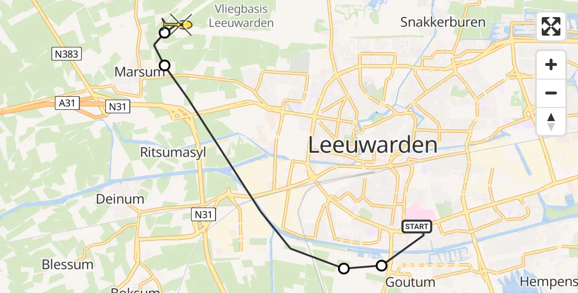Routekaart van de vlucht: Ambulancehelikopter naar Leeuwarden, Boksumerdyk