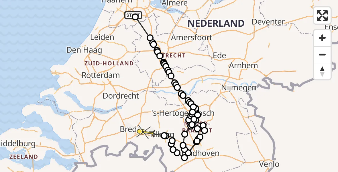 Routekaart van de vlucht: Politiehelikopter naar Vliegbasis Gilze-Rijen, Oosteinderweg