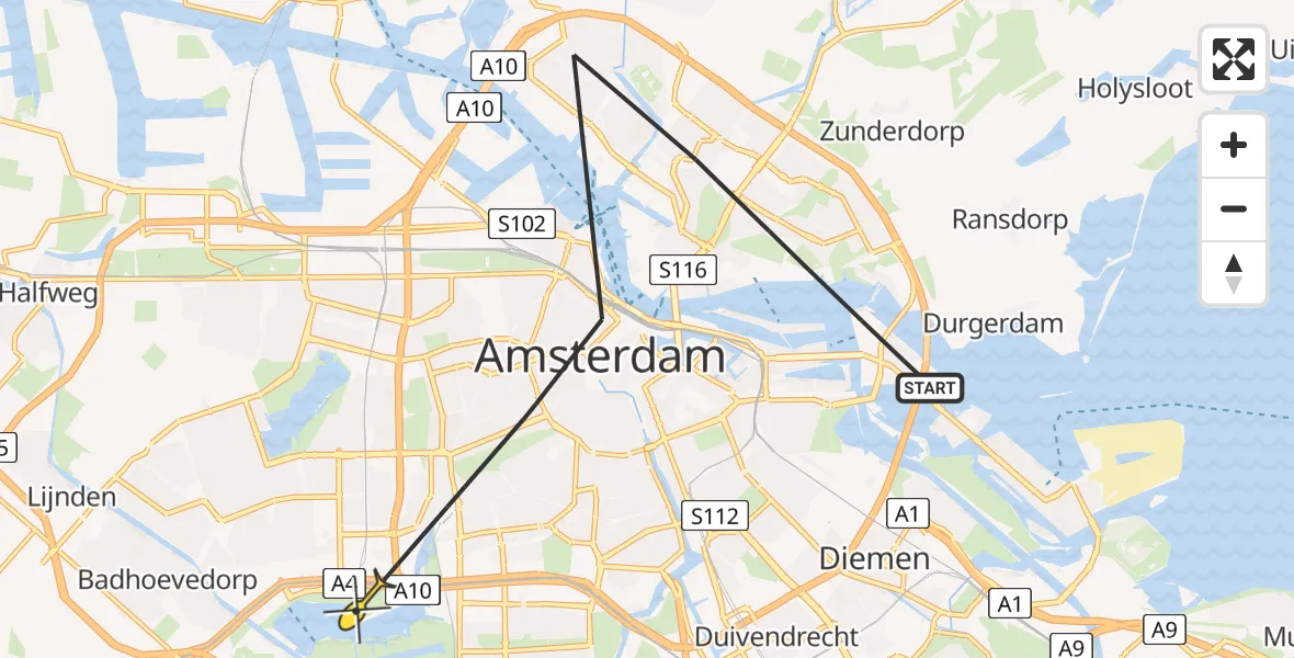 Vluchtroute Politiehelikopter van Amsterdam naar Amsterdam
