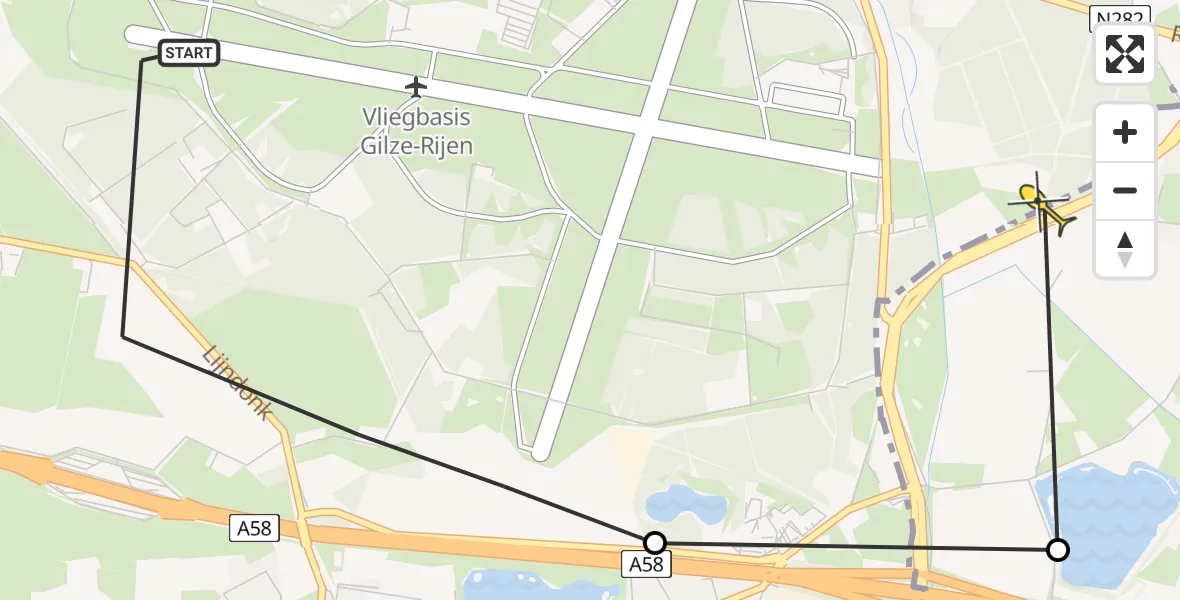 Routekaart van de vlucht: Politiehelikopter naar Tilburg, Lijndonk