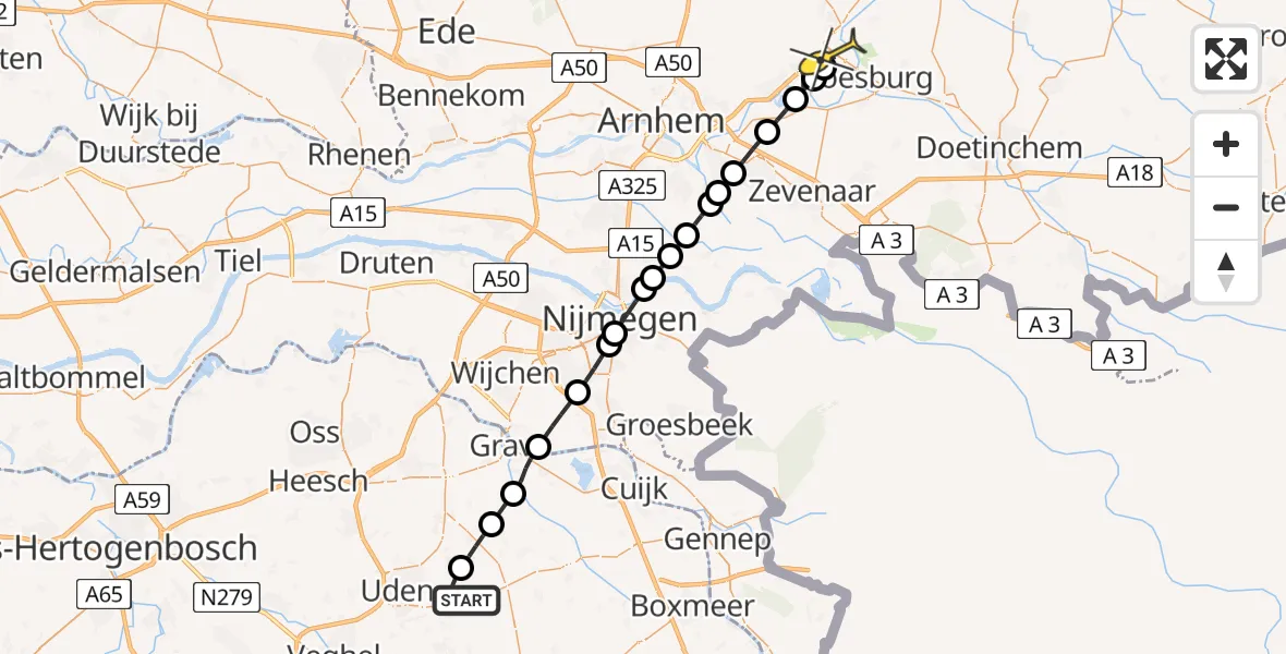 Routekaart van de vlucht: Lifeliner 3 naar Ellecom, Zeelandsedijk