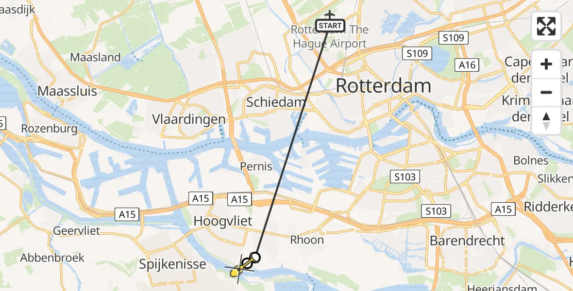 Routekaart van de vlucht: Politieheli naar Hoogvliet, Oude Buitenkade