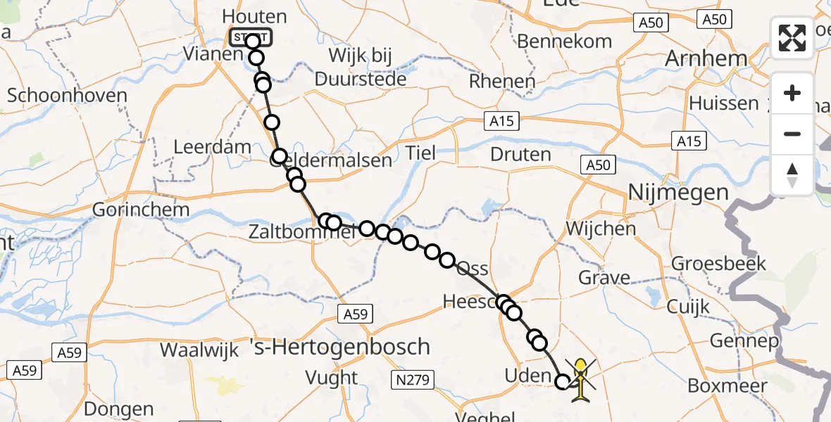 Routekaart van de vlucht: Politieheli naar Vliegbasis Volkel, Waalseweg