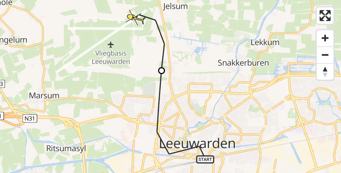 Routekaart van de vlucht: Ambulanceheli naar Vliegbasis Leeuwarden, Galgefenne