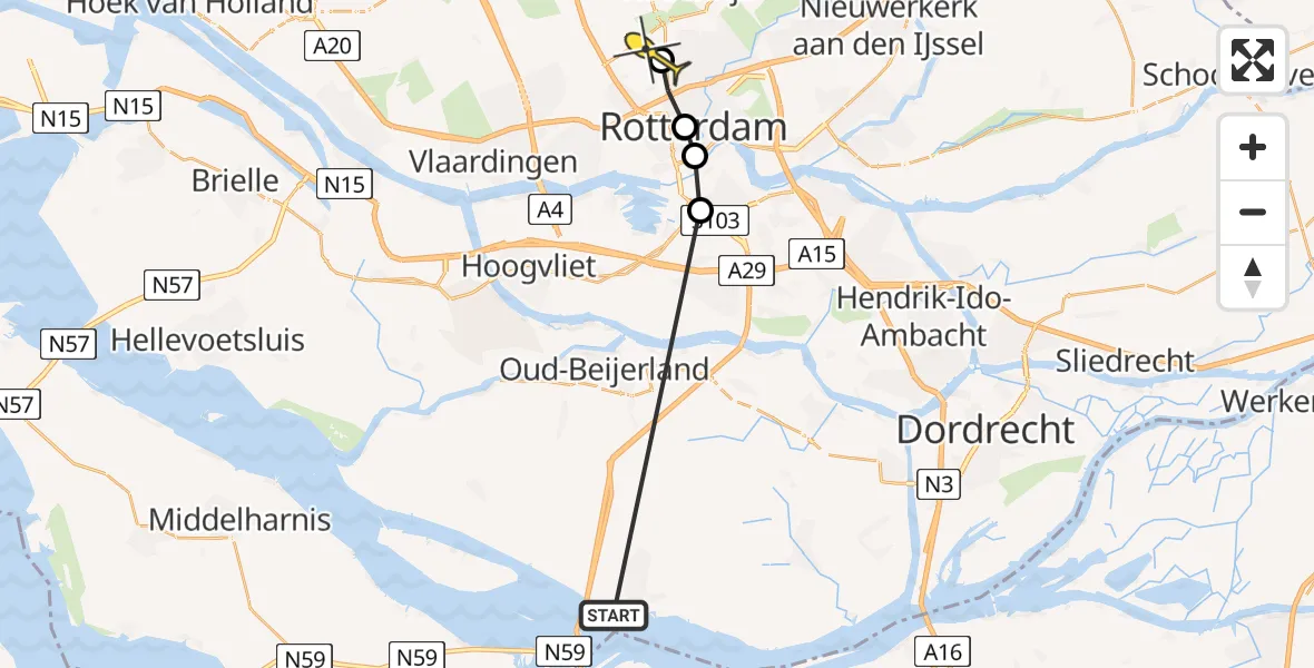 Routekaart van de vlucht: Politieheli naar Rotterdam The Hague Airport, Terschellingsestraat