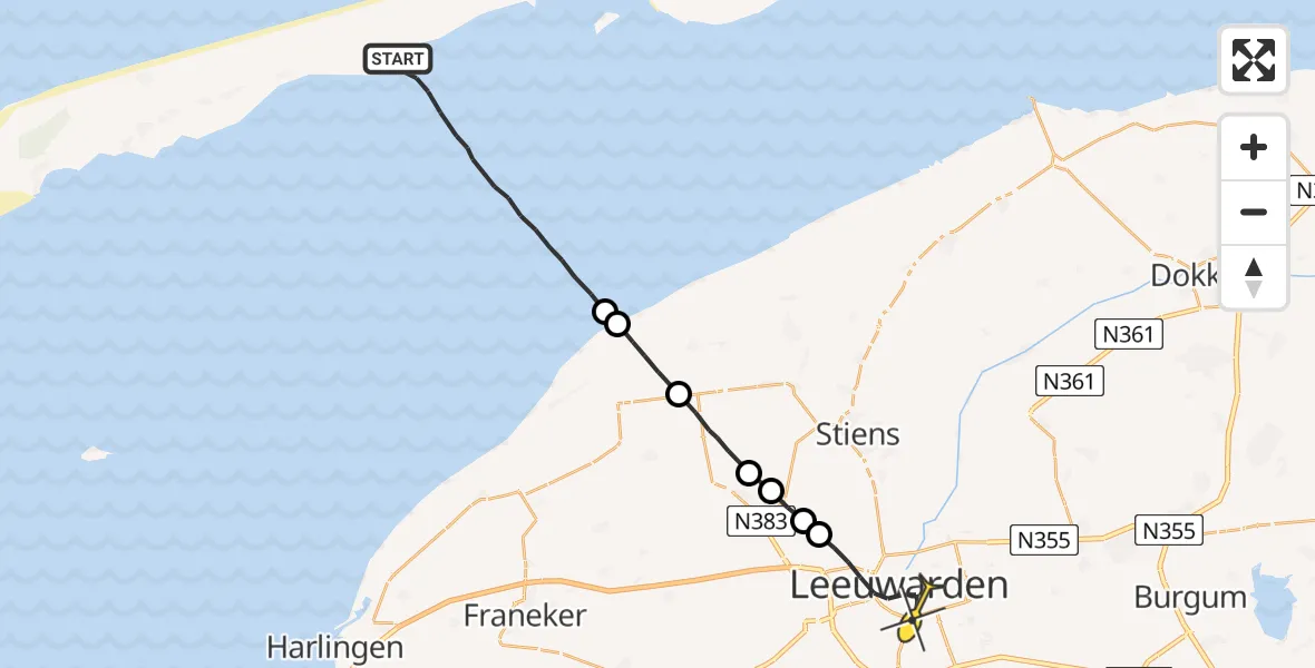Routekaart van de vlucht: Ambulanceheli naar Leeuwarden, Punt van de Groede