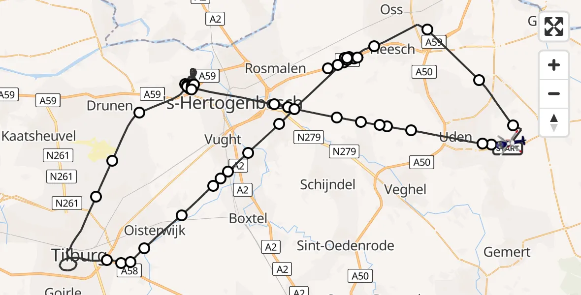 Vluchtroute Politiehelikopter van Vliegbasis Volkel naar Vliegbasis Volkel