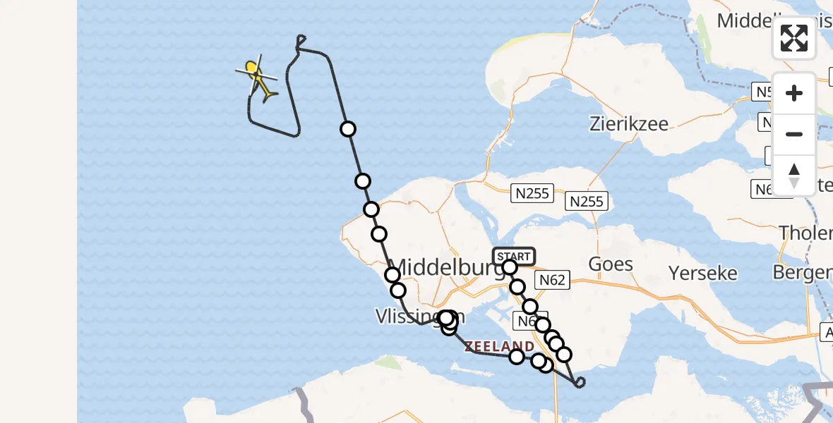 Vluchtroute Kustwachthelikopter van Vliegveld Midden-Zeeland naar 