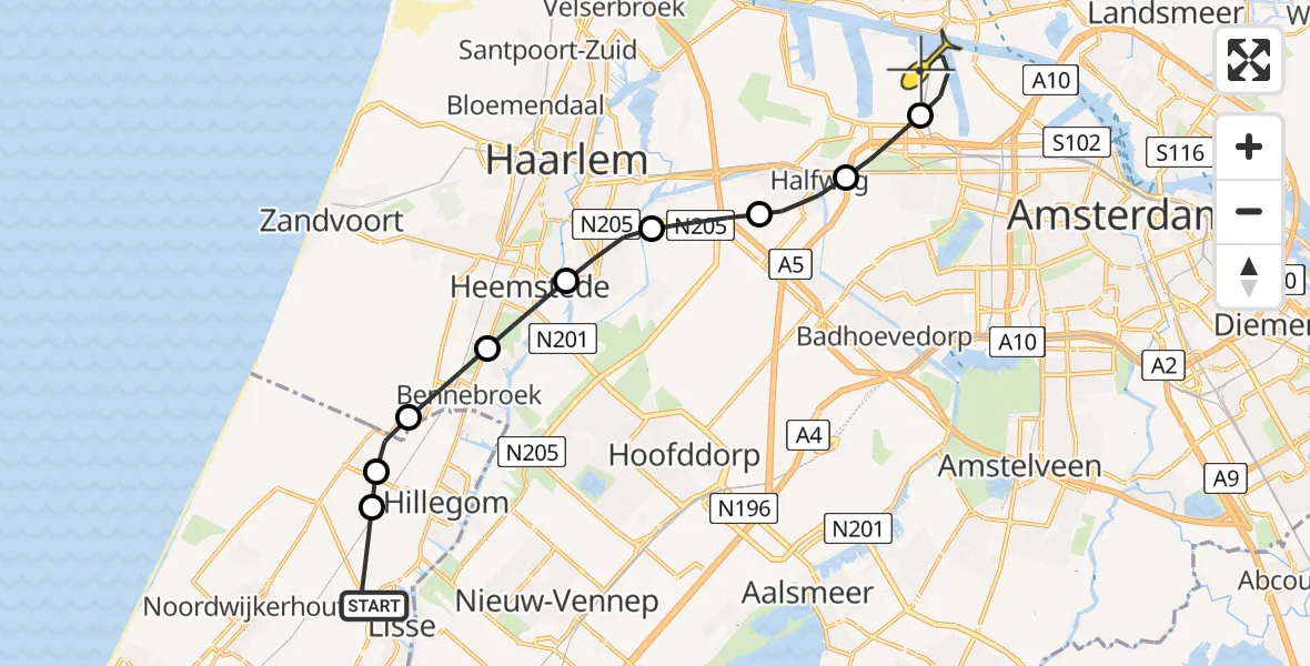 Routekaart van de vlucht: Lifeliner 1 naar Amsterdam Heliport, Loosterweg Noord