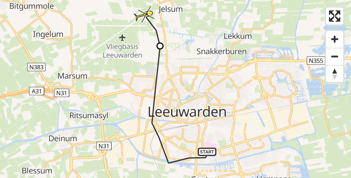 Vluchtroute Ambulancehelikopter van Leeuwarden naar Vliegbasis Leeuwarden