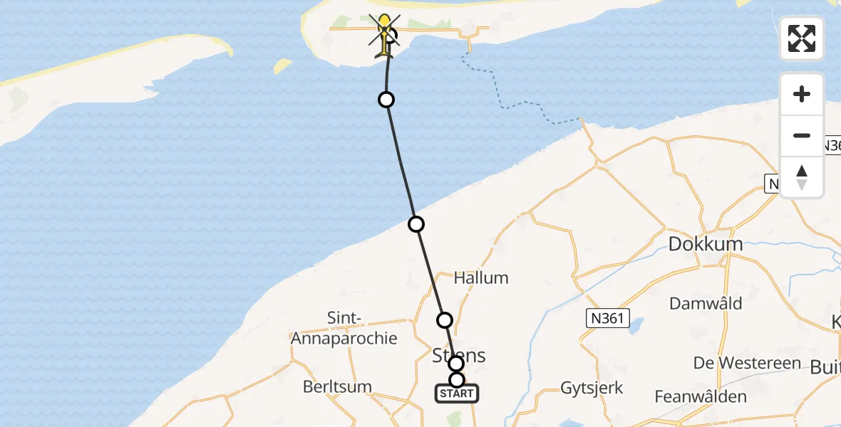 Routekaart van de vlucht: Ambulanceheli naar Ameland Airport Ballum, Brédyk