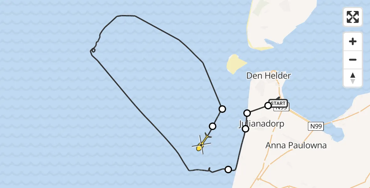Routekaart van de vlucht: Kustwachthelikopter naar Middenvliet