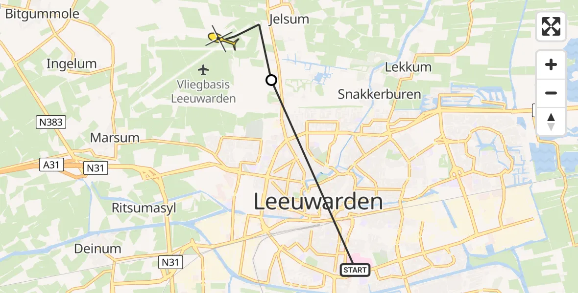 Vluchtroute Ambulancehelikopter van Leeuwarden naar Vliegbasis Leeuwarden