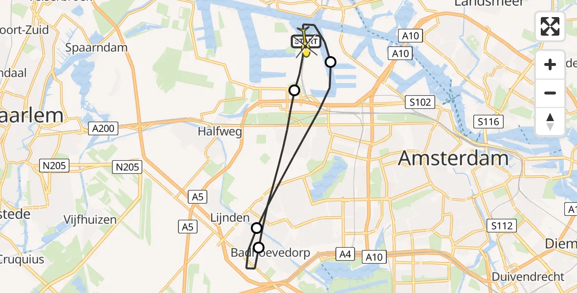 Routekaart van de vlucht: Lifeliner 1 naar Amsterdam Heliport, Nieuw-Zeelandweg