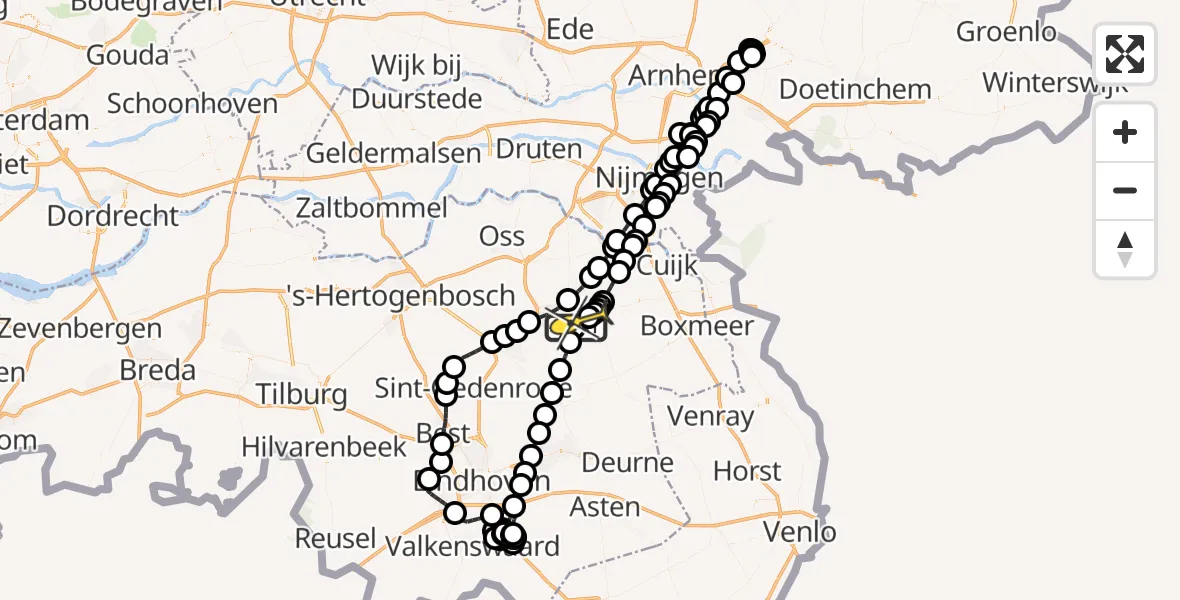 Routekaart van de vlucht: Politieheli naar Vliegbasis Volkel, Oosterheidestraat