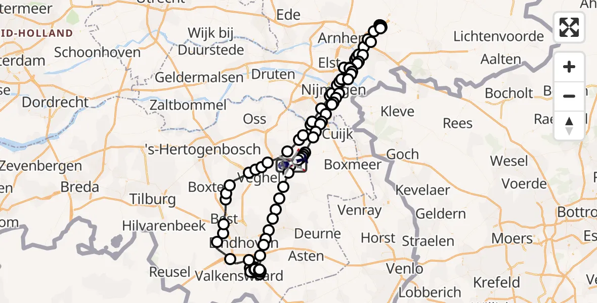 Vluchtroute Politiehelikopter van Vliegbasis Volkel naar Vliegbasis Volkel