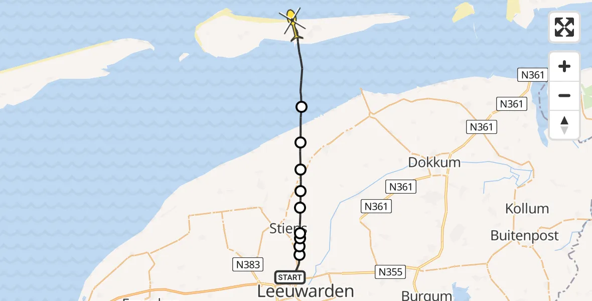 Routekaart van de vlucht: Ambulancehelikopter naar Nes, Jelsumer Feart