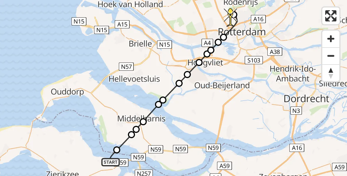 Routekaart van de vlucht: Lifeliner 2 naar Rotterdam The Hague Airport, Mosselbanken West