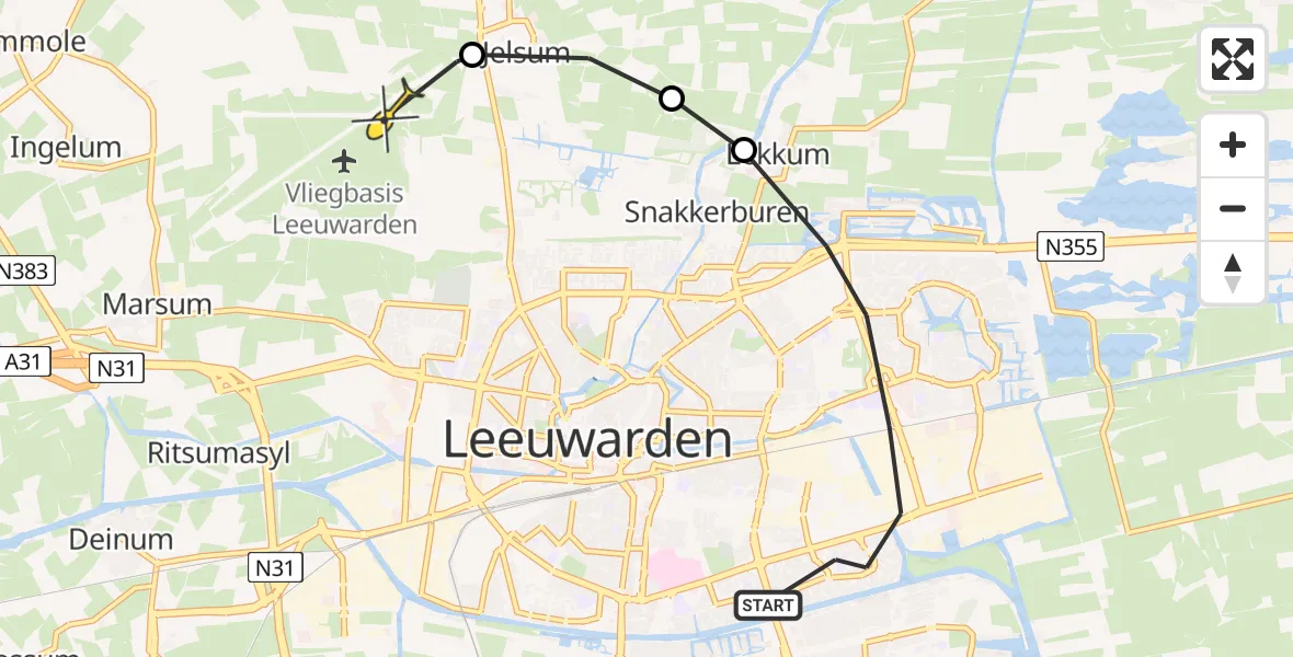 Routekaart van de vlucht: Ambulanceheli naar Vliegbasis Leeuwarden, Maagdepalm