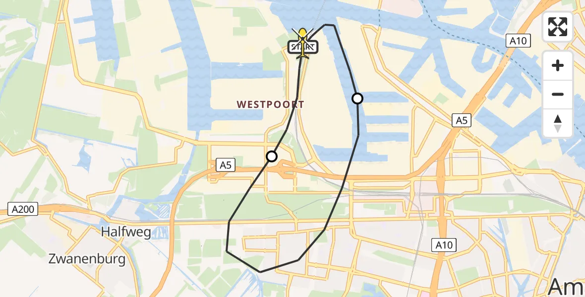 Routekaart van de vlucht: Lifeliner 1 naar Amsterdam Heliport, Westpoort