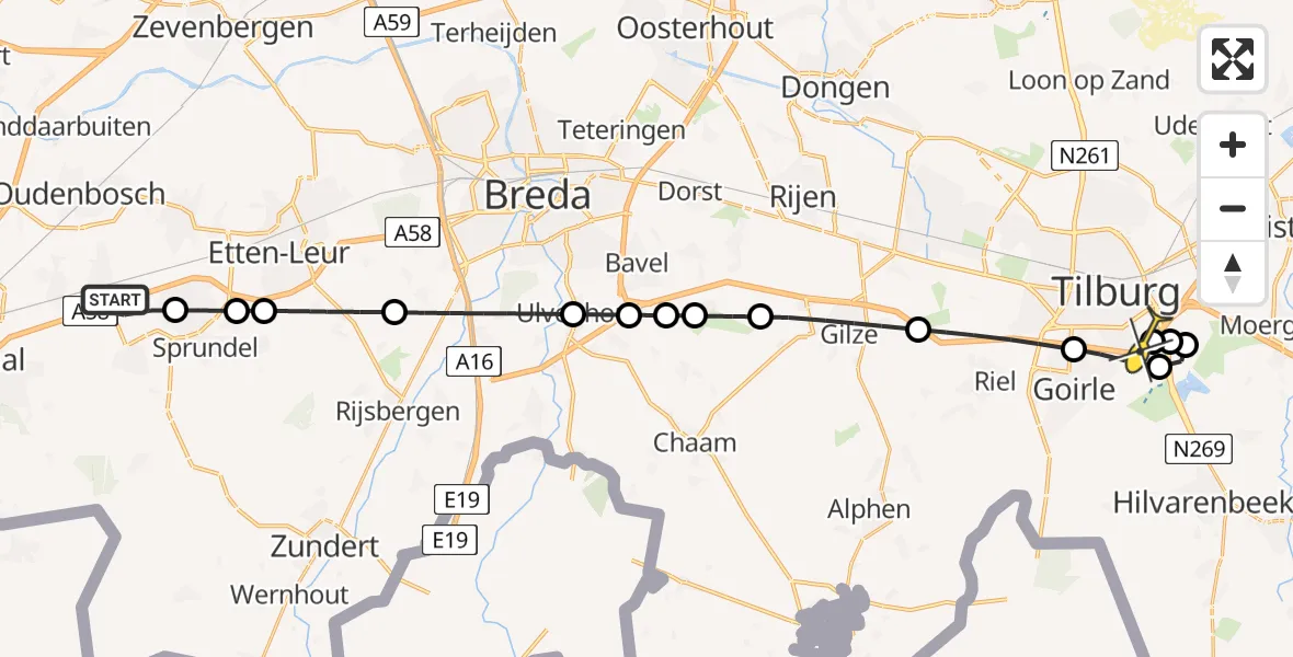 Routekaart van de vlucht: Lifeliner 2 naar Tilburg, Pastoor van Breugelstraat