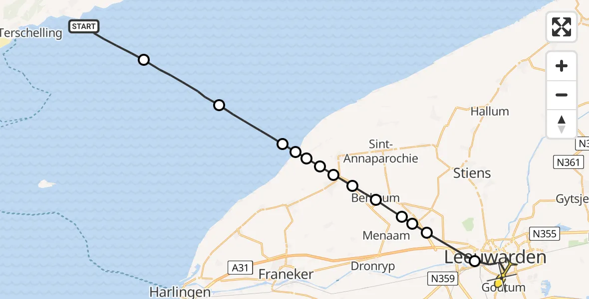 Routekaart van de vlucht: Ambulanceheli naar Leeuwarden, Borniastraat