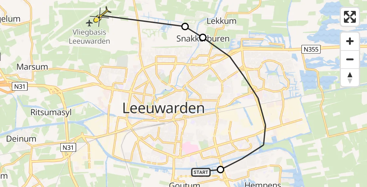 Routekaart van de vlucht: Ambulanceheli naar Vliegbasis Leeuwarden, Krommezijl