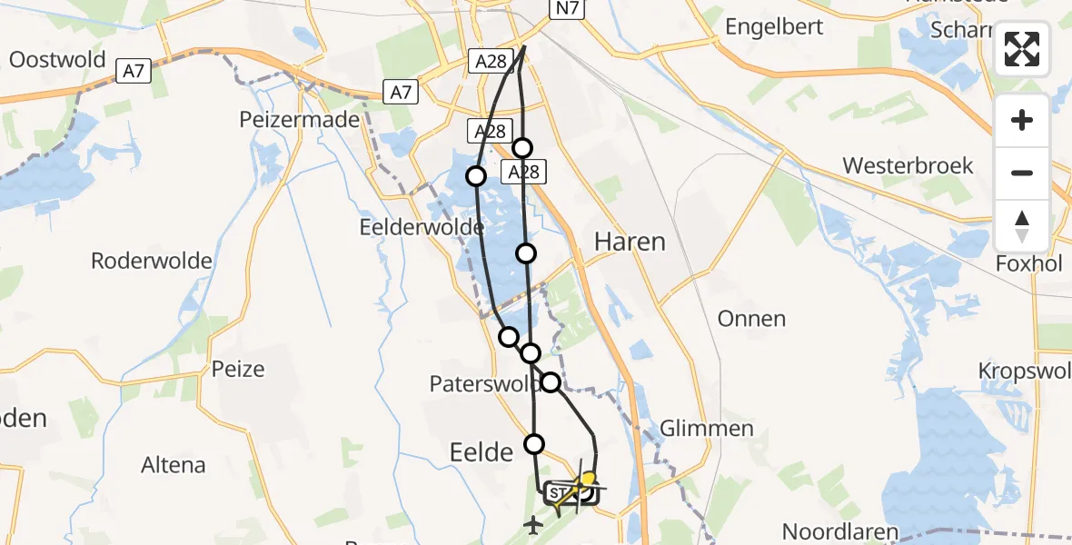 Routekaart van de vlucht: Lifeliner 4 naar Groningen Airport Eelde, Burgemeester J.G. Legroweg