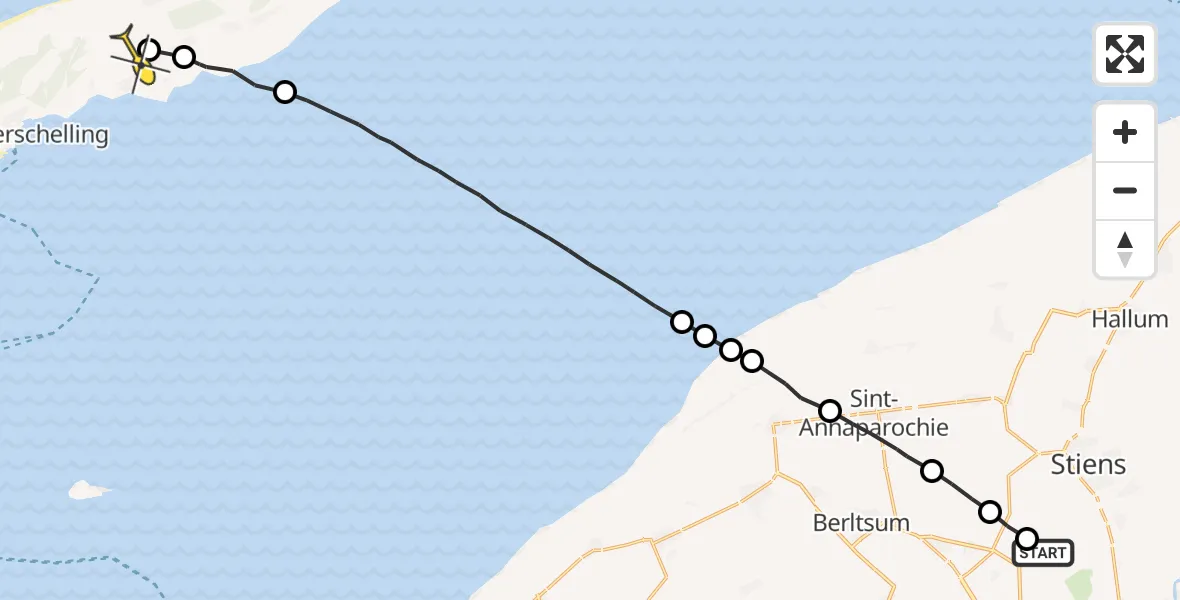 Routekaart van de vlucht: Ambulancehelikopter naar Midsland, Nijlânsdyk