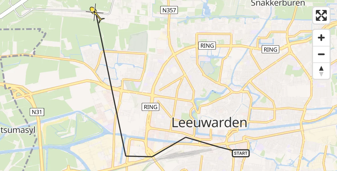 Routekaart van de vlucht: Ambulanceheli naar Vliegbasis Leeuwarden, Tesselschadestraat