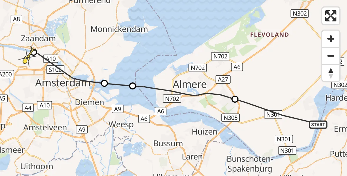 Routekaart van de vlucht: Lifeliner 1 naar Amsterdam Heliport, Nijkerkertocht