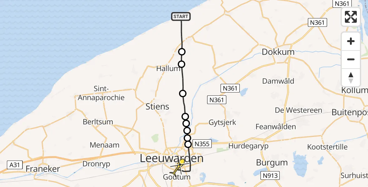 Routekaart van de vlucht: Ambulanceheli naar Leeuwarden, Zeedijk
