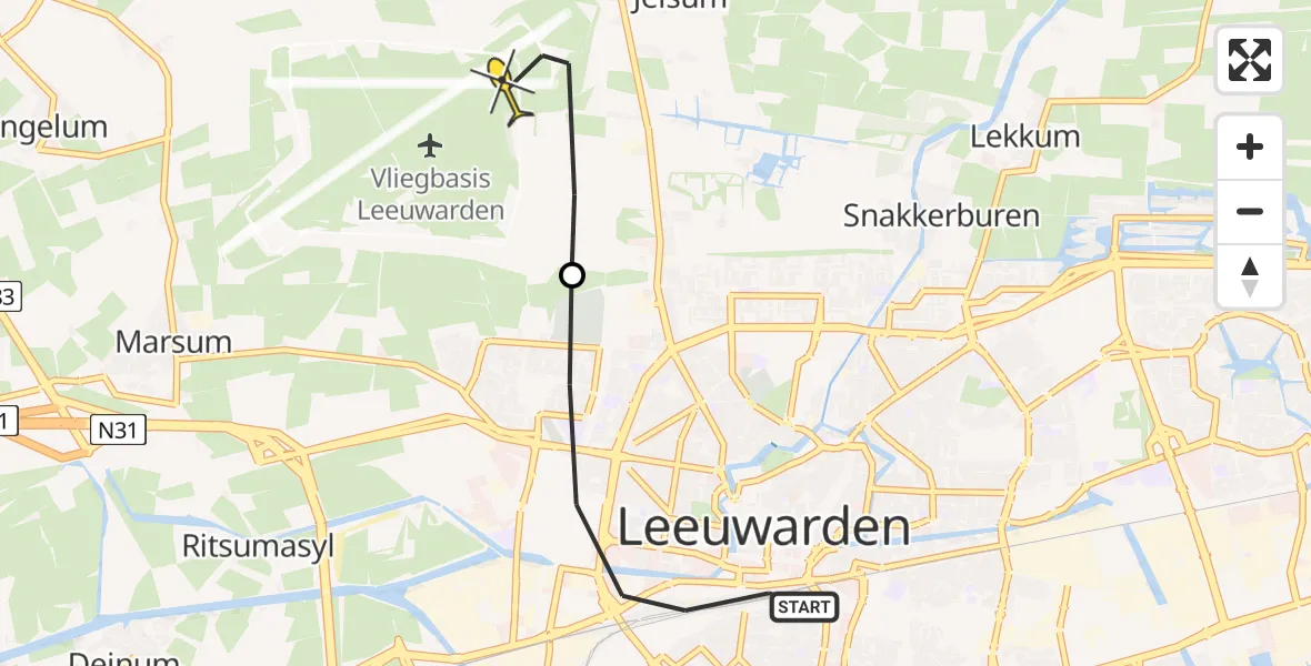 Vluchtroute Ambulancehelikopter van Leeuwarden naar Vliegbasis Leeuwarden