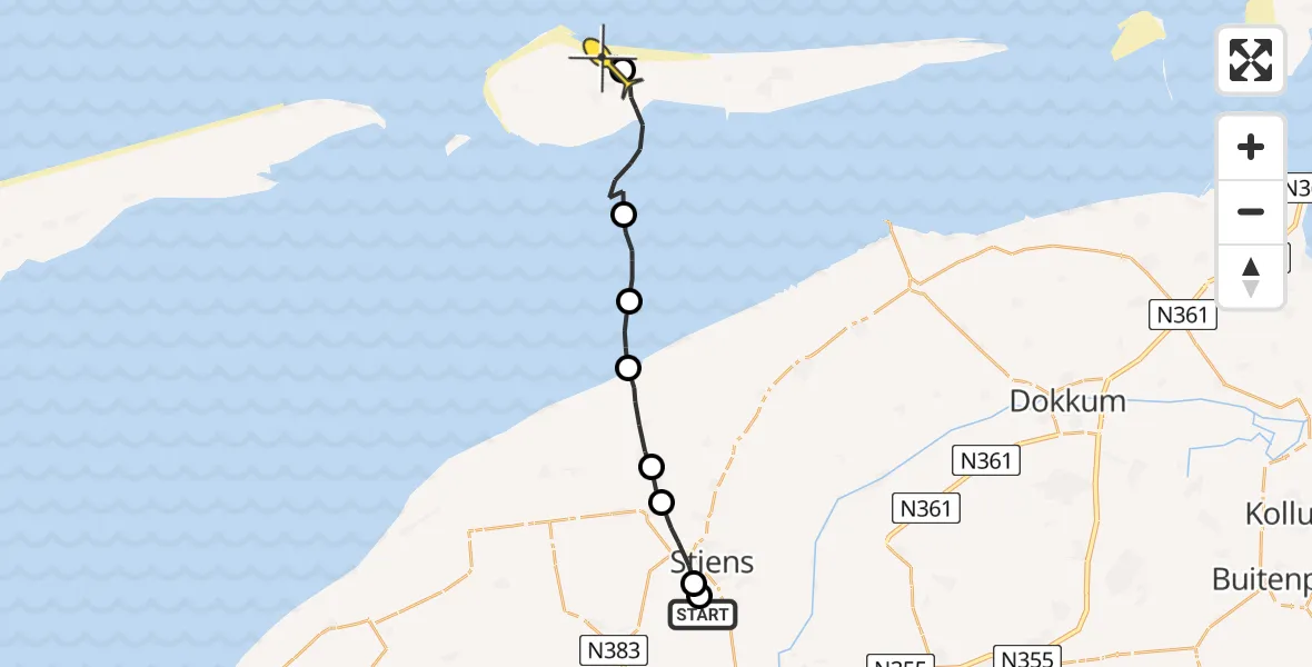 Routekaart van de vlucht: Ambulancehelikopter naar Ameland Airport Ballum, Brédyk