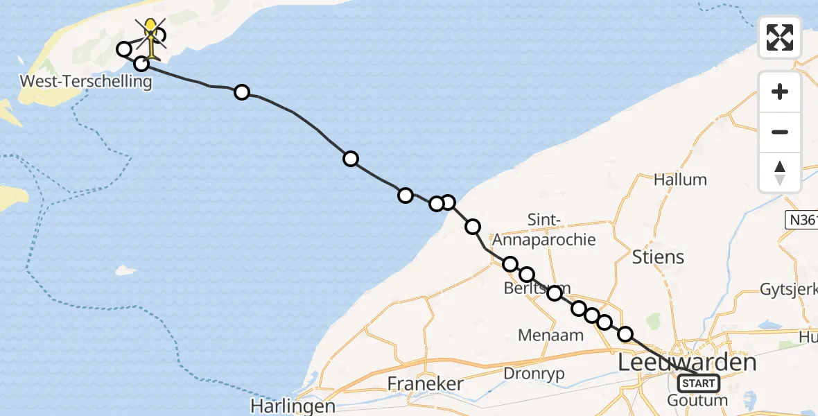 Routekaart van de vlucht: Ambulancehelikopter naar Midsland, Wijnhornsterstraat
