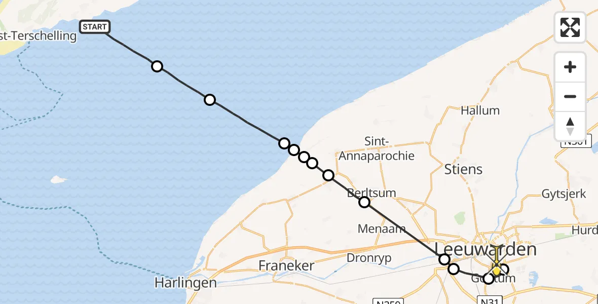 Routekaart van de vlucht: Ambulanceheli naar Leeuwarden, Jansoniusstraat
