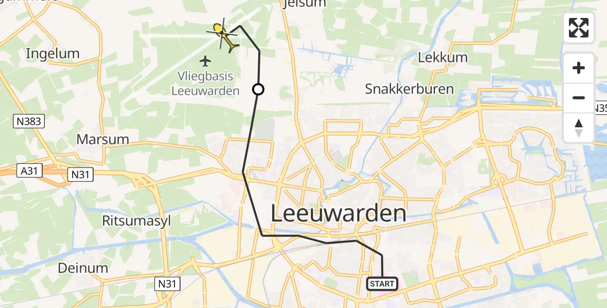 Vluchtroute Ambulancehelikopter van Leeuwarden naar Vliegbasis Leeuwarden