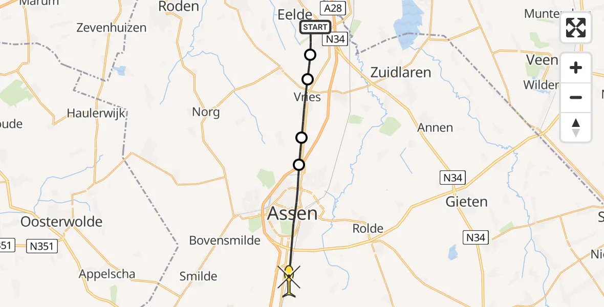 Routekaart van de vlucht: Lifeliner 4 naar Hooghalen, Moespot