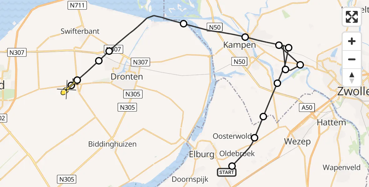 Routekaart van de vlucht: Politieheli naar Dronten, Stouwdamsweg