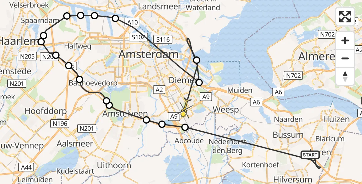 Routekaart van de vlucht: Politieheli naar Amsterdam, Vredelaan
