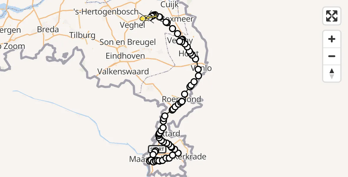 Routekaart van de vlucht: Politiehelikopter naar Vliegbasis Volkel, Zeelandsedijk
