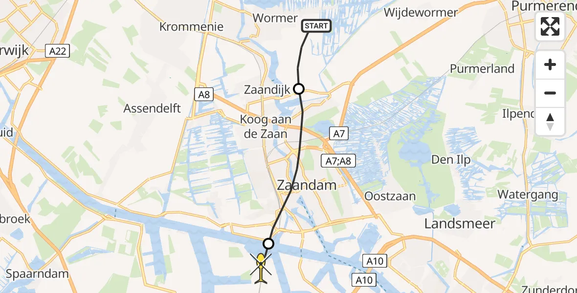 Routekaart van de vlucht: Lifeliner 1 naar Amsterdam Heliport, Zuidoostersluissloot