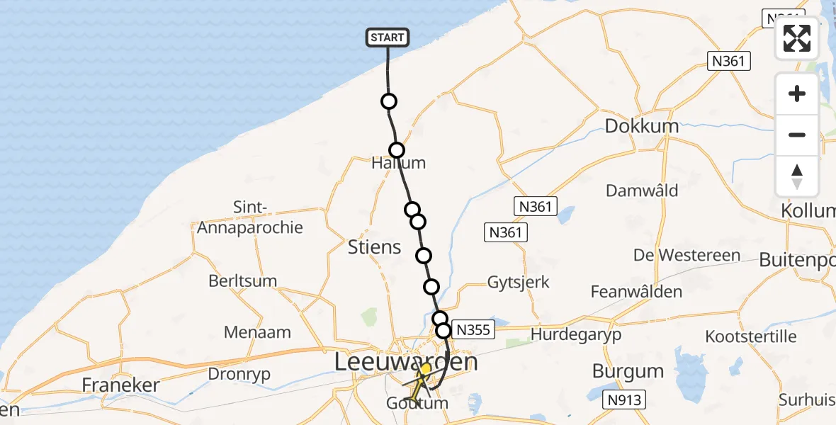 Routekaart van de vlucht: Ambulanceheli naar Leeuwarden, Borniastraat