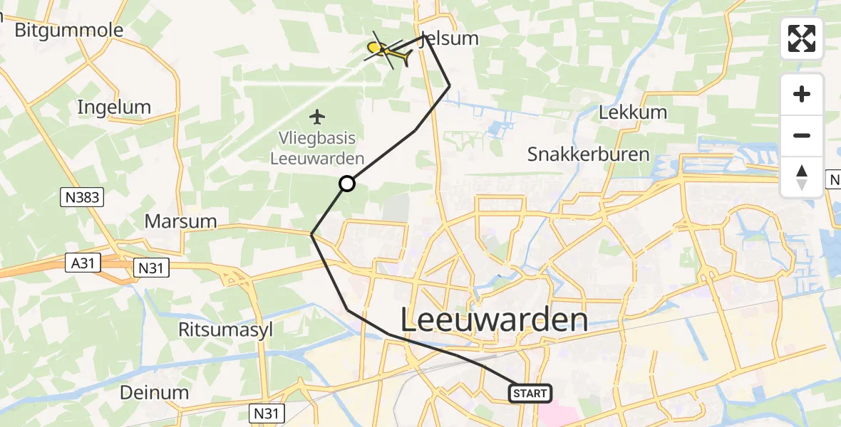 Vluchtroute Ambulancehelikopter van Leeuwarden naar Vliegbasis Leeuwarden