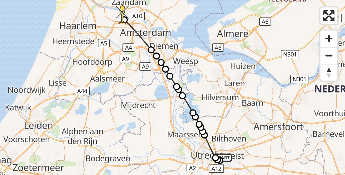 Routekaart van de vlucht: Lifeliner 1 naar Amsterdam Heliport, Hoge Bospad