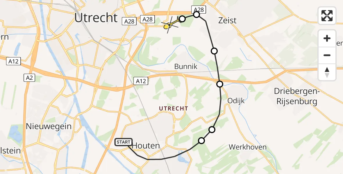 Routekaart van de vlucht: Lifeliner 1 naar Universitair Medisch Centrum Utrecht, De Veste