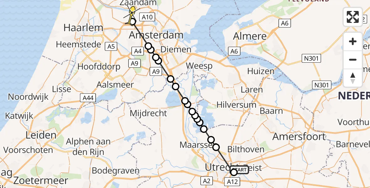 Routekaart van de vlucht: Lifeliner 1 naar Amsterdam Heliport, Hoge Bospad