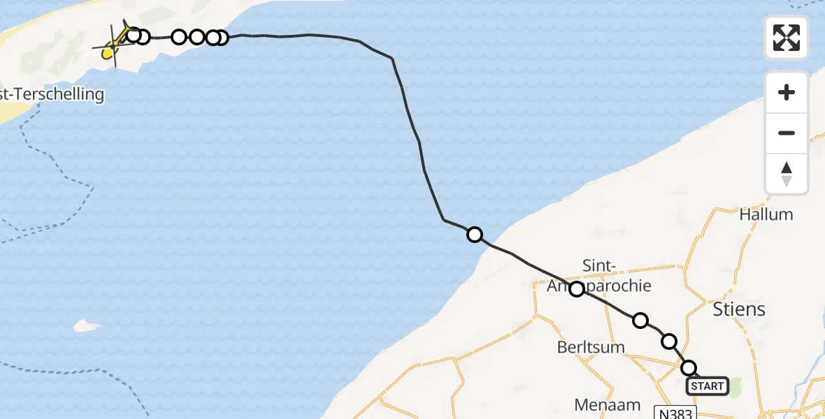 Routekaart van de vlucht: Ambulanceheli naar Midsland, Dyksterhuzen