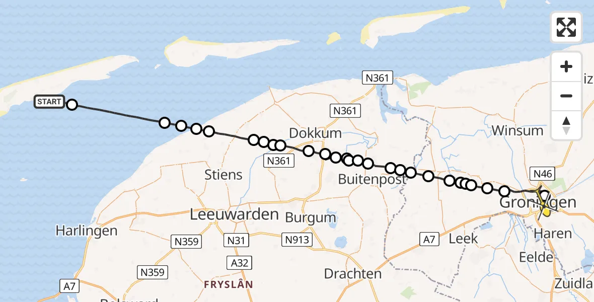 Routekaart van de vlucht: Ambulanceheli naar Universitair Medisch Centrum Groningen, Damsterdiep